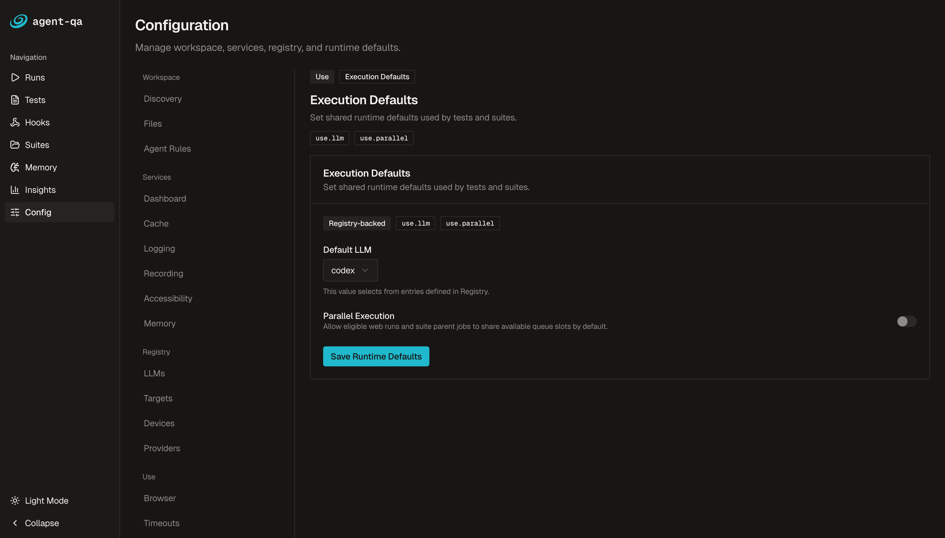 Configuration page showing execution defaults, default LLM selection, parallel execution, and save runtime defaults