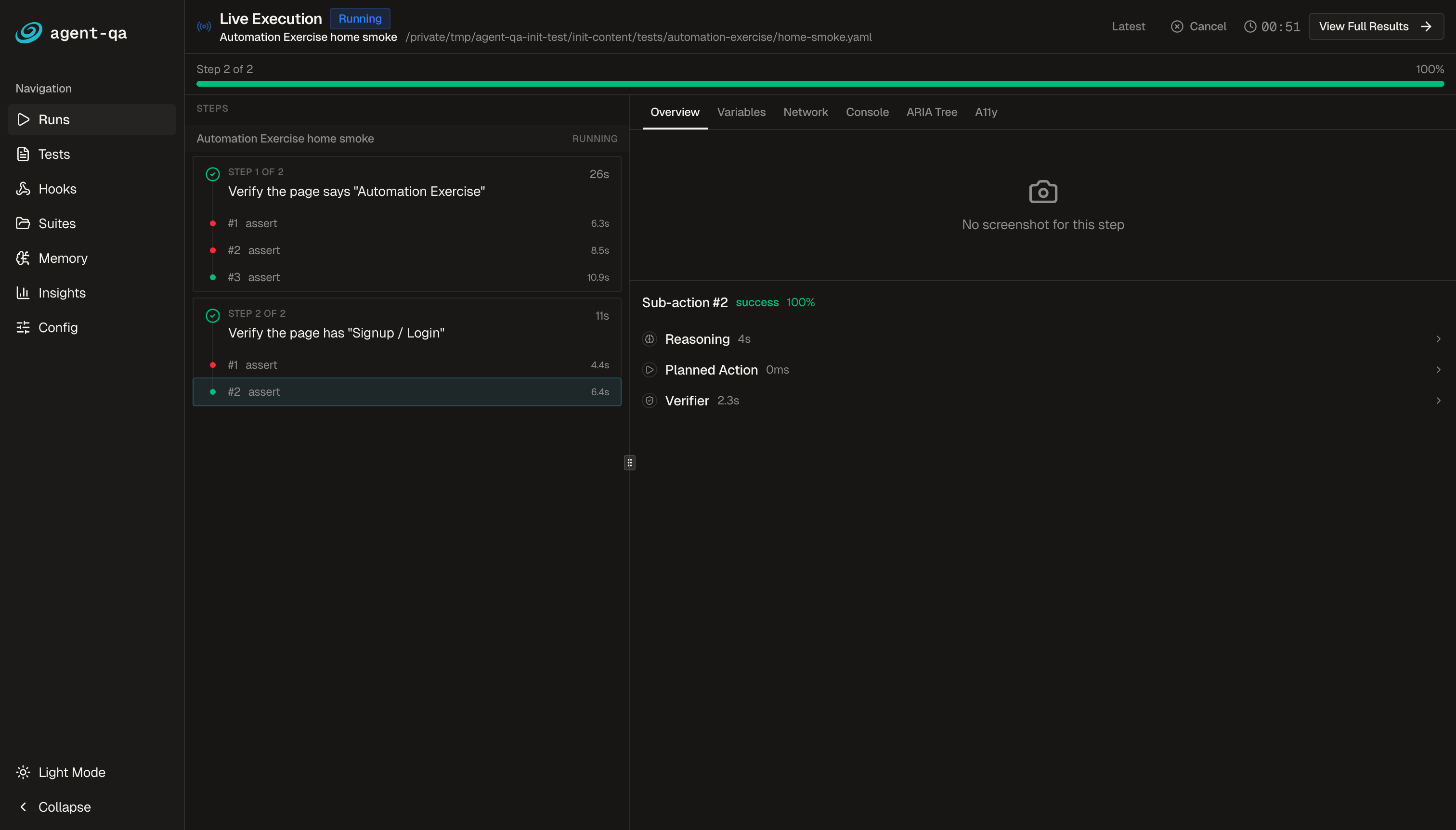 Live execution view showing active run progress, step timeline, and action feedback panels