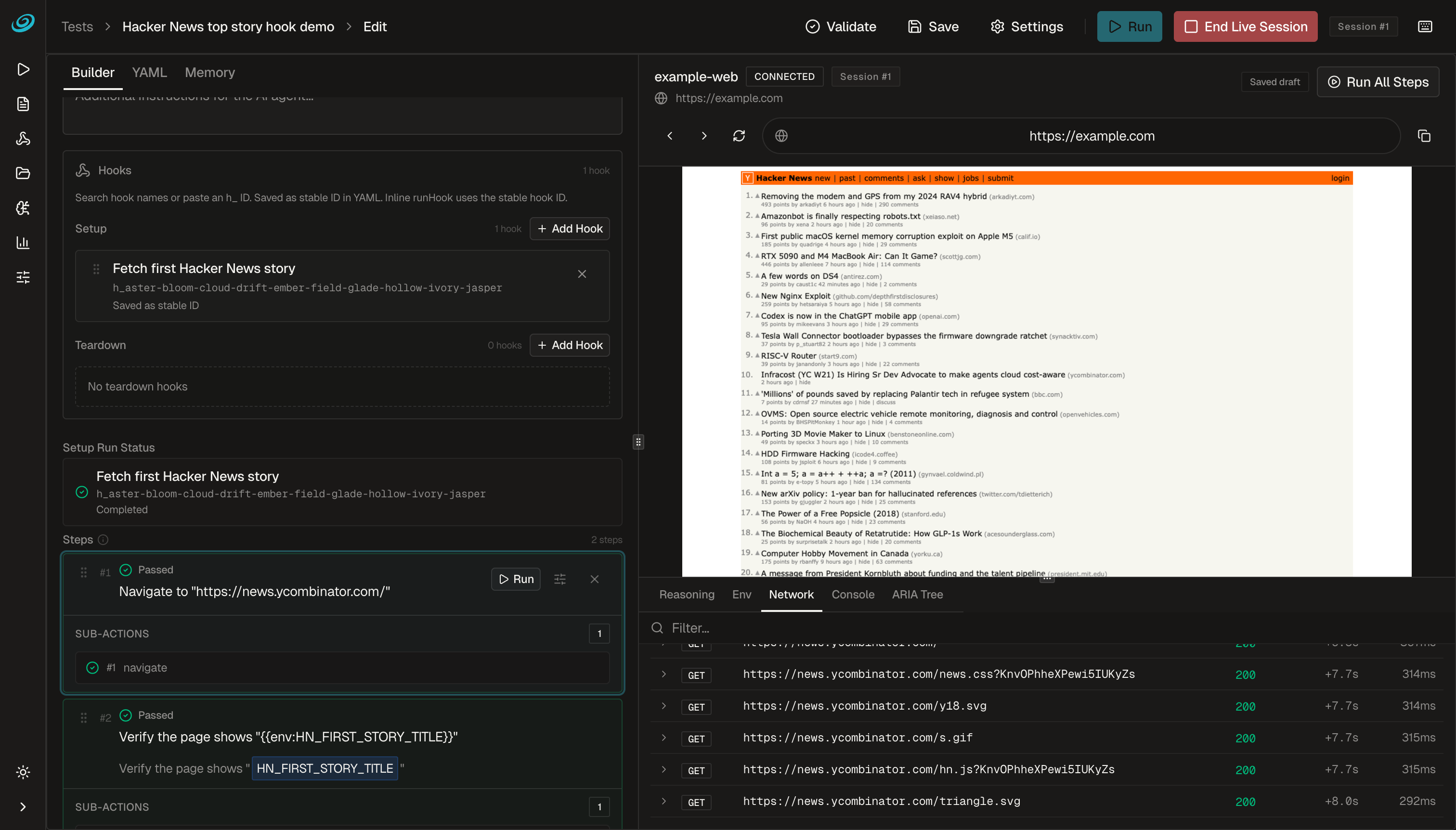 Live test editor showing a connected browser session, step status, and the network inspection panel