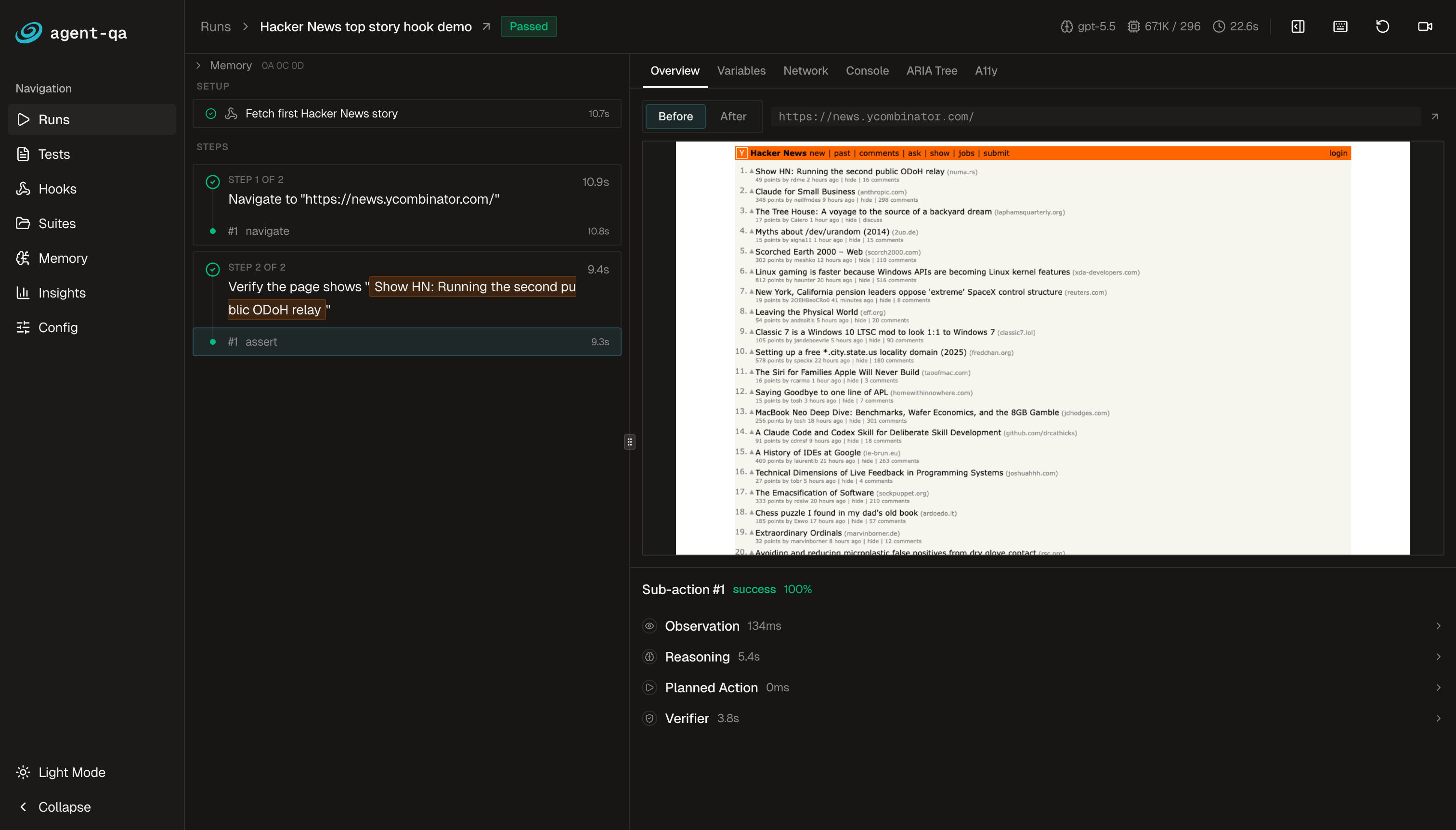 Run detail view showing setup hooks, passed steps, browser screenshot, and action breakdown panels