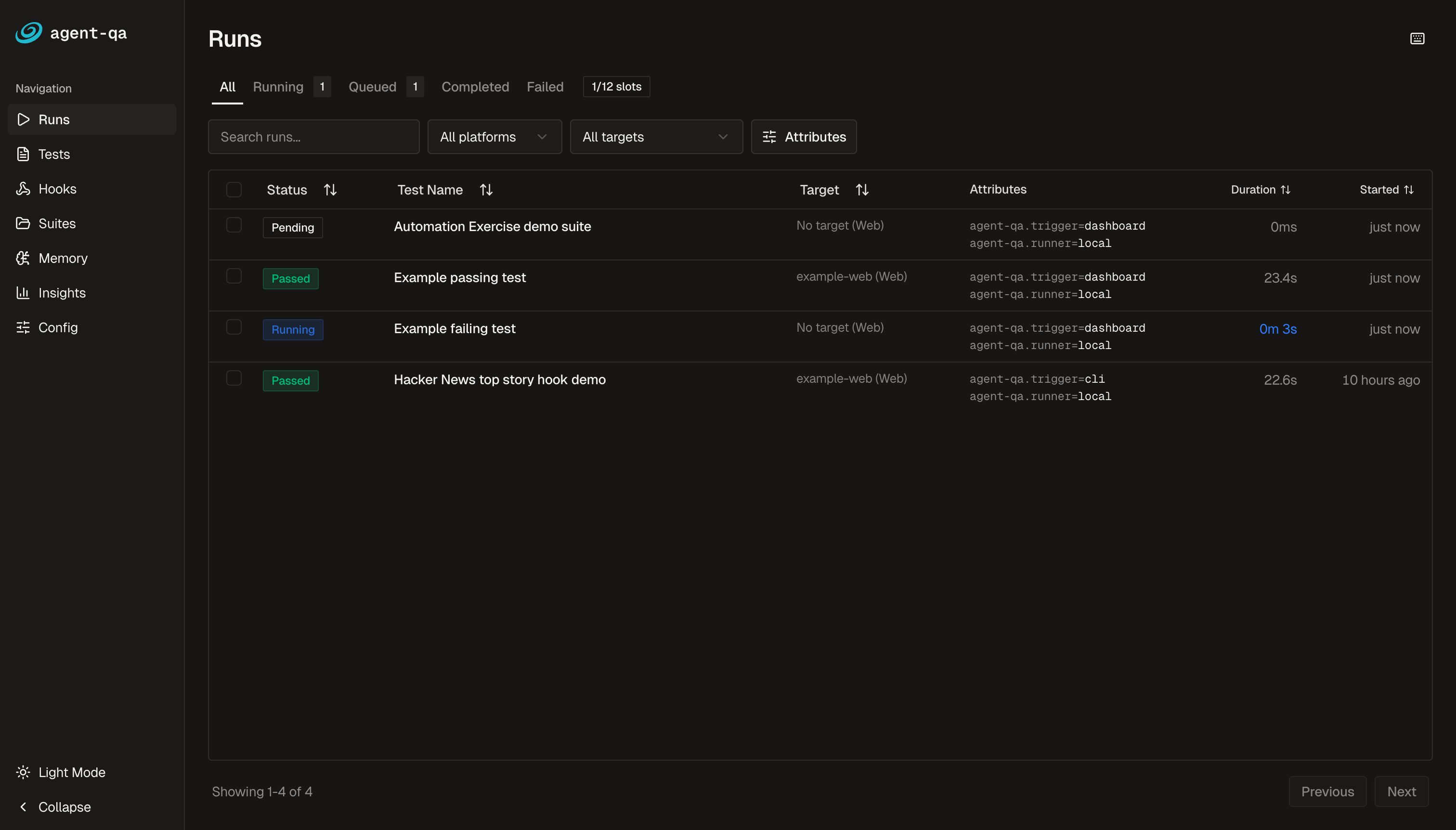agent-qa dashboard sidebar showing Runs, Tests, Hooks, Suites, Memory, Insights, and Config
