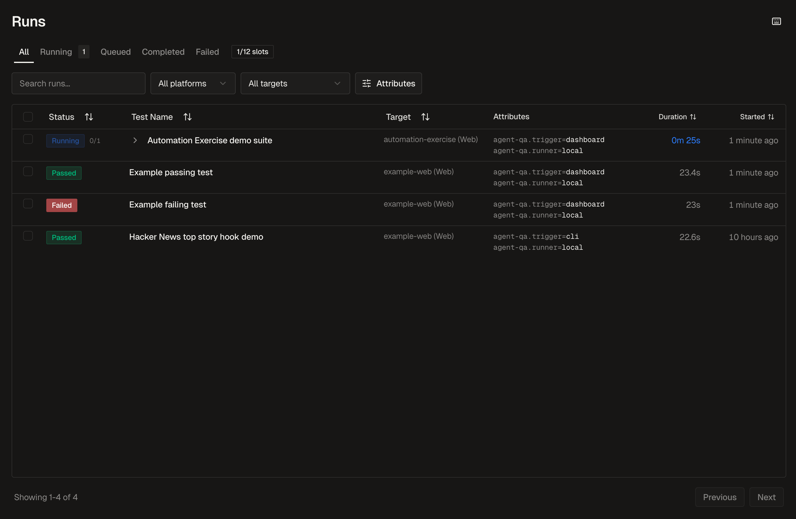 Runs table with search, filters, queue slots, statuses, targets, attributes, duration, and start time