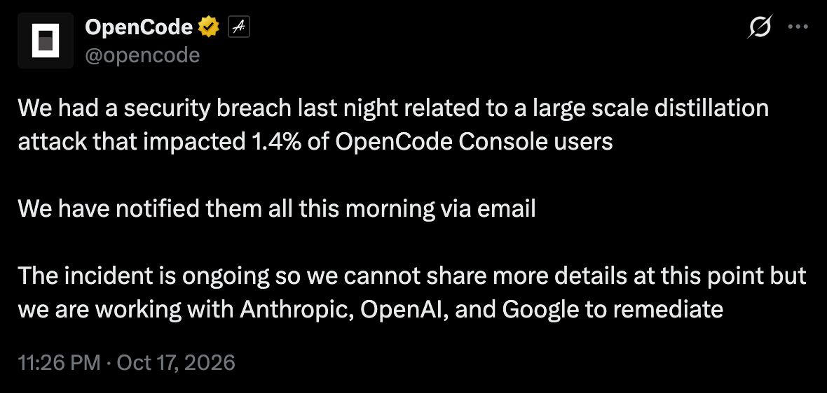 OpenCode’s 17 October 2026 statement on X announcing a breach affecting 1.4% of Console users.