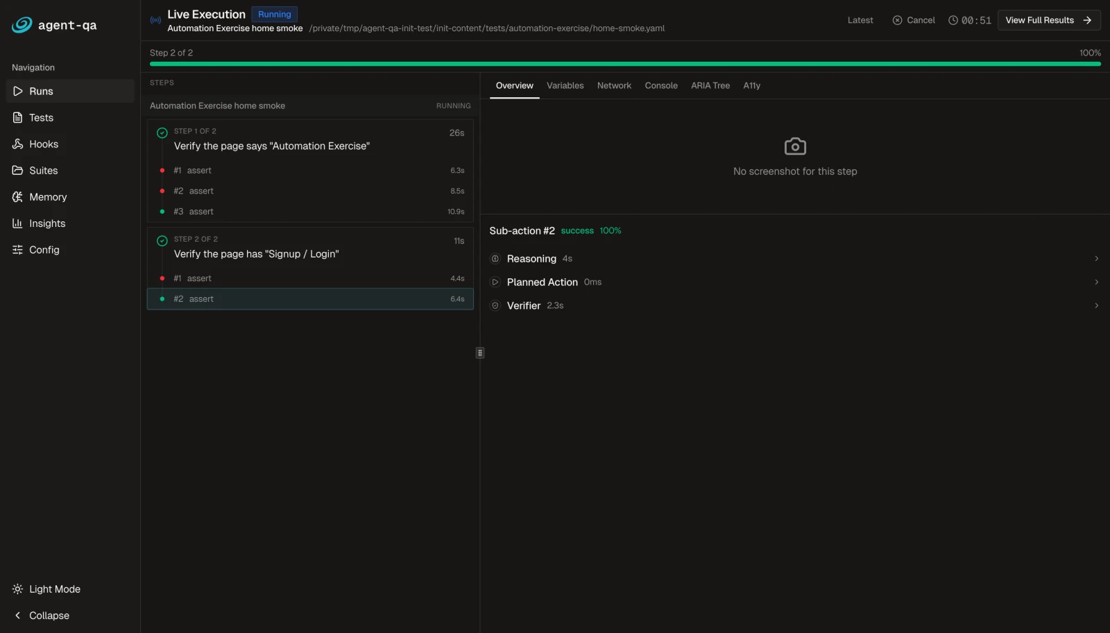 agent-qa live execution view showing run progress, a step timeline, and verifier feedback