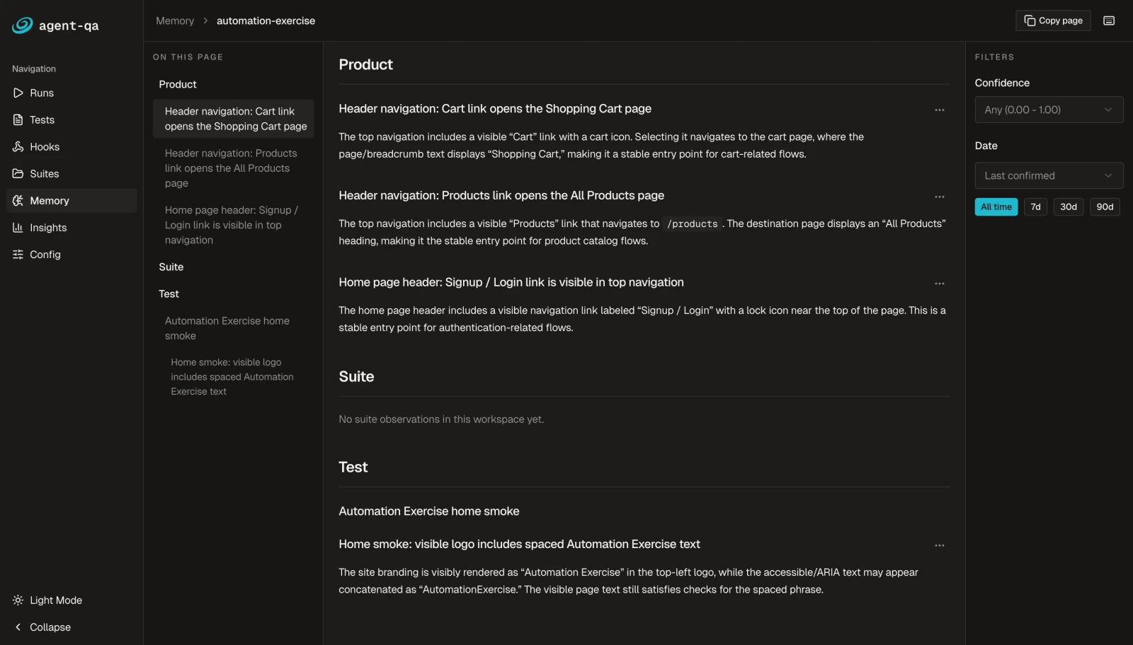 agent-qa Memory view with product observations, suite and test sections, confidence filters, and date filters