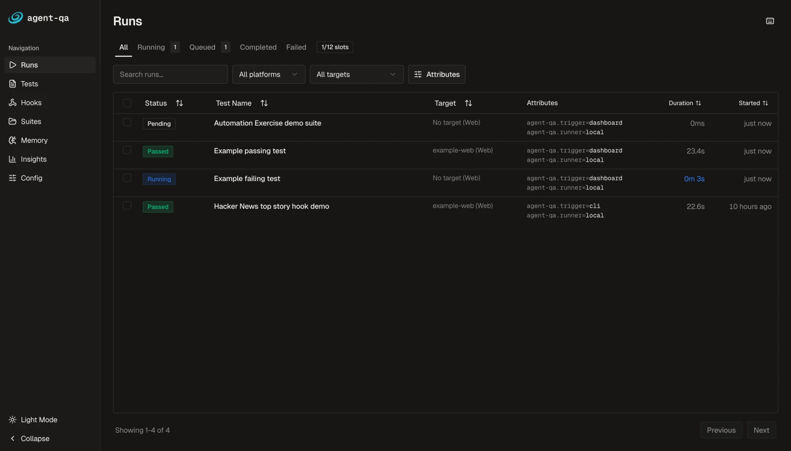 agent-qa dashboard sidebar linking Runs, Tests, Hooks, Suites, Memory, Insights, and Config beside the Runs view