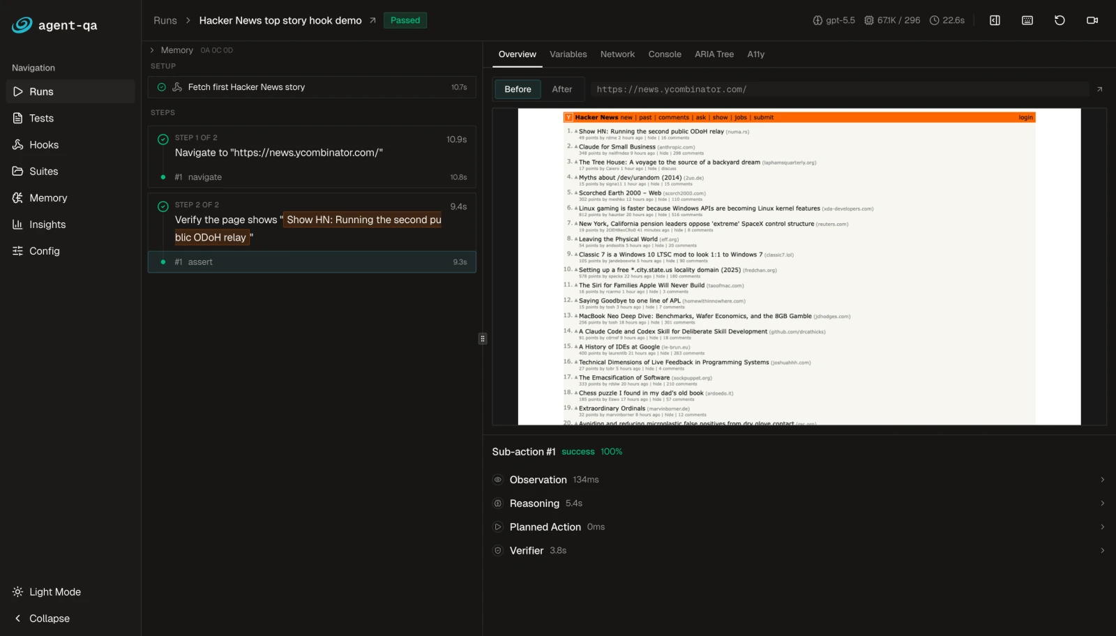 A completed agent-qa run with passed steps, a captured browser screenshot, and per-action details