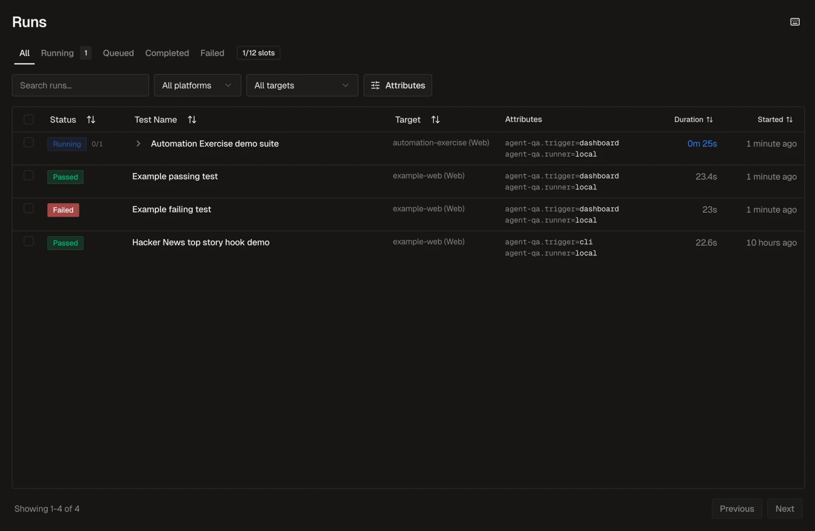 agent-qa Runs table with search, status filters, queue slots, targets, durations, and recent test results