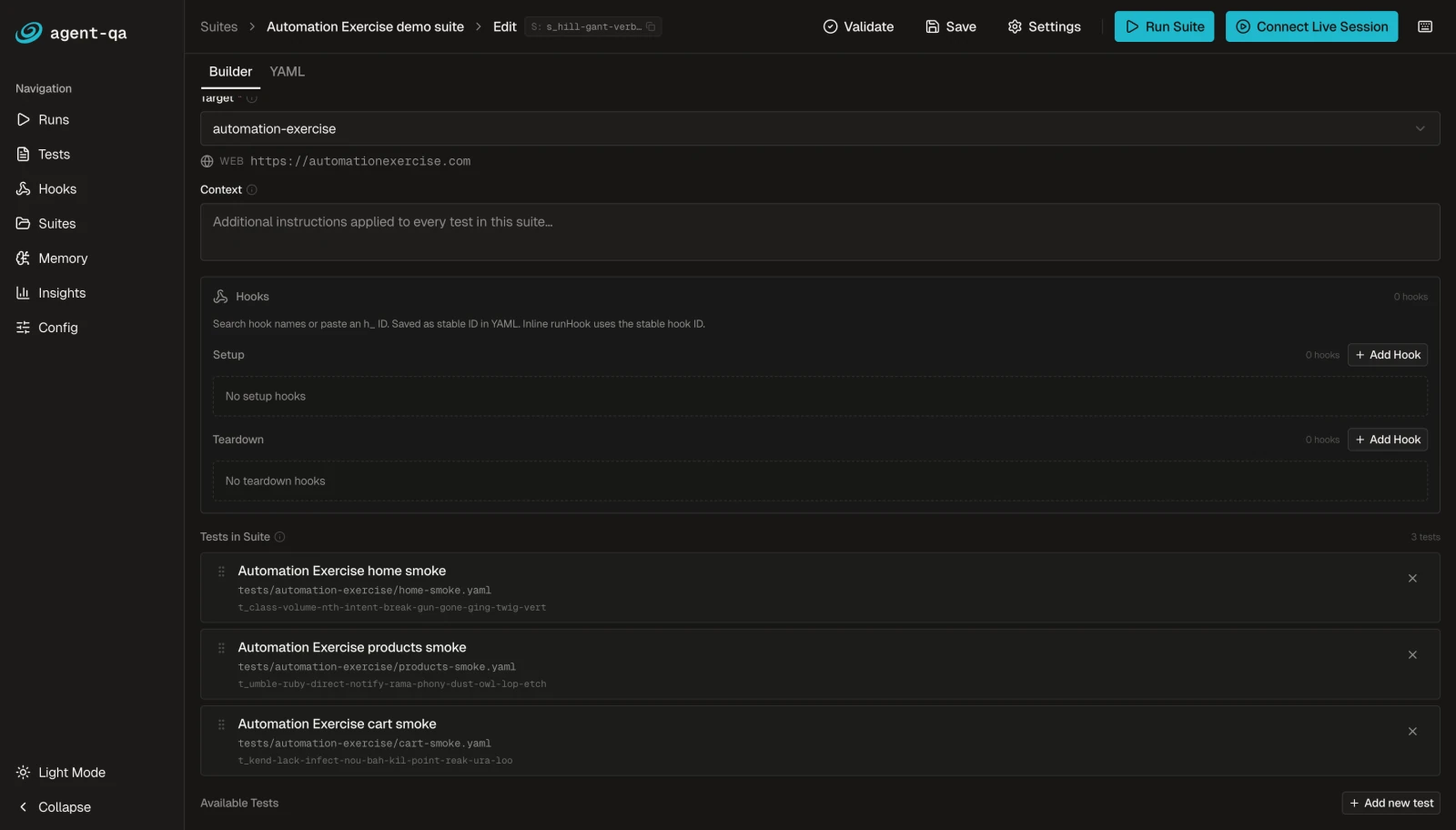 agent-qa suite builder showing a shared target, hooks, included tests, and run controls
