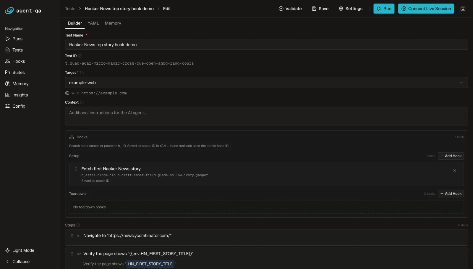 agent-qa test builder with target selection, setup hooks, and ordered natural-language test steps